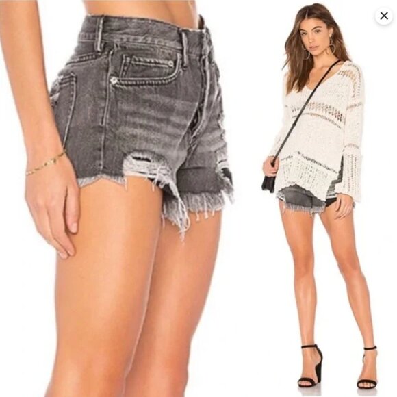 Free People We The Free Loving Good Vibrations Black Crvy Jean Shorts Size‎ 28 - Picture 2 of 16
